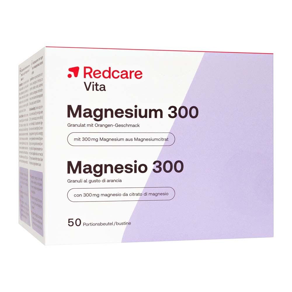 Boîte Redcare Magnesium 300. Blanche et violette. Texte : Magnesium 300, Magnesio 300, 50 portions.