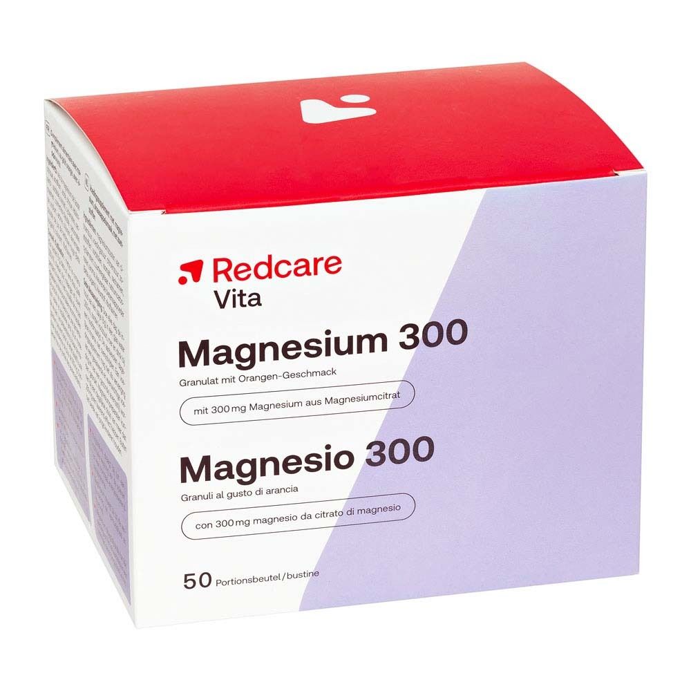 Boîte Redcare Magnesium 300. Rouge et blanc. Texte : Magnesium 300, Magnesio 300, 50 portions.