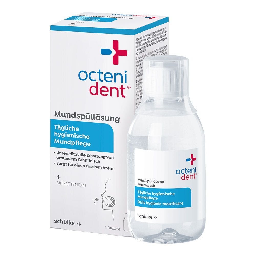 Solution buccale octenident® et emballage. Bouteille et boîte avec nom et logo du produit.