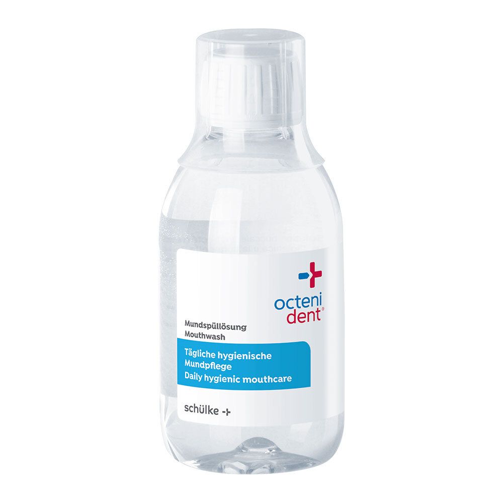 Flacon de solution buccale octenident®. Flacon transparent avec étiquette blanche et bande bleue.