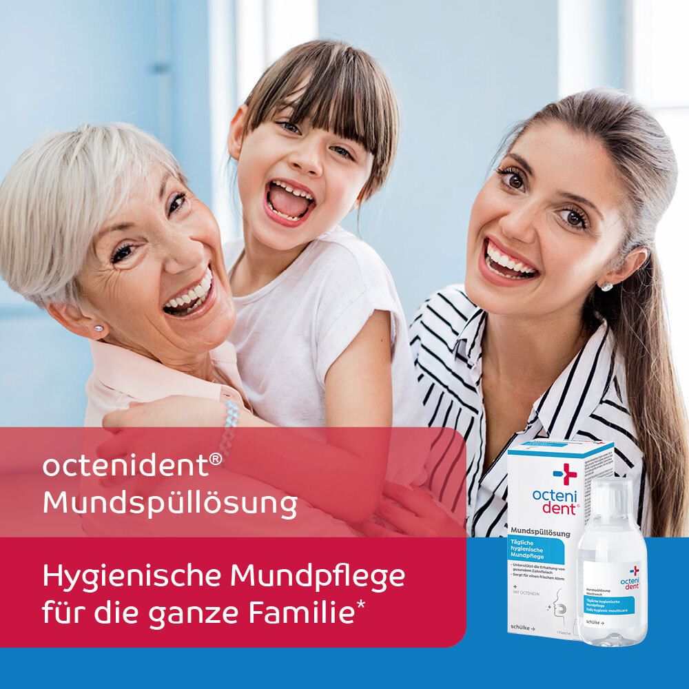 Trois personnes souriantes. En arrière-plan, le nom du produit octenident® et une bouteille.