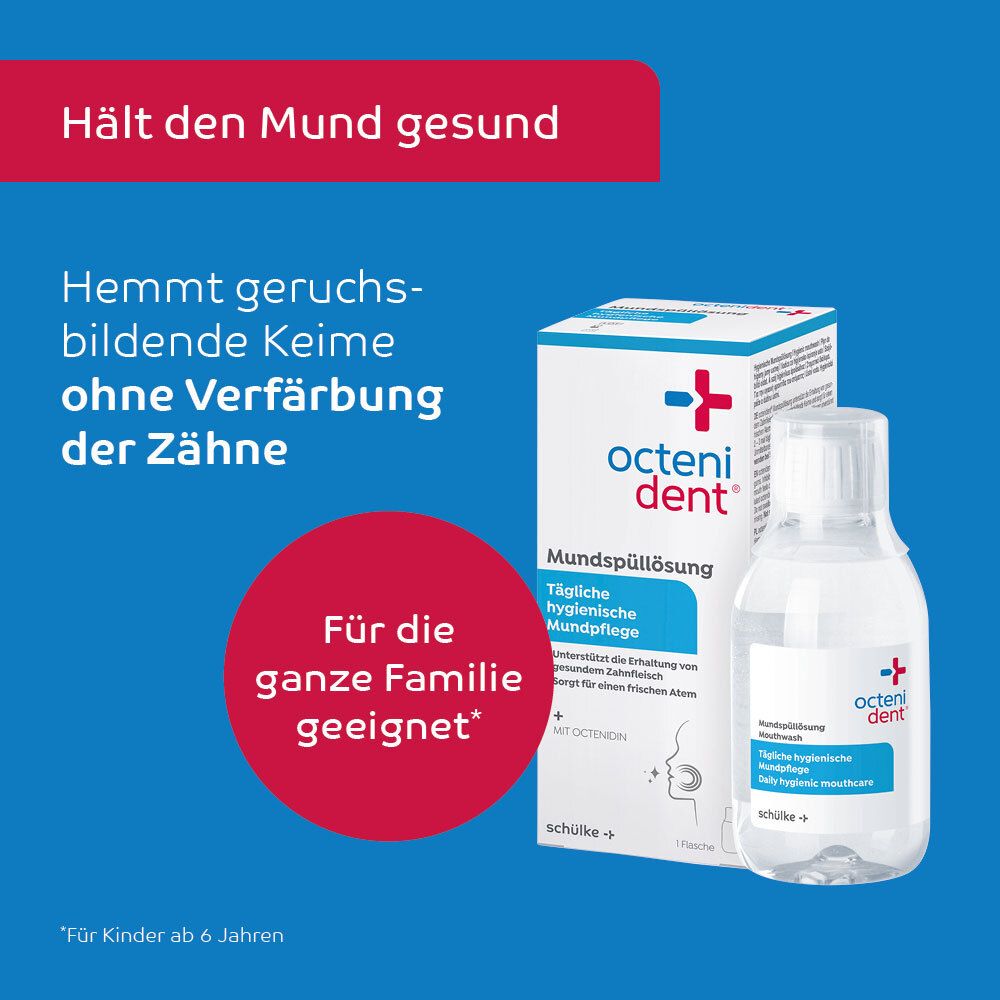 Nom du produit octenident® et bouteille. Texte : Soin buccal hygiénique pour toute la famille.