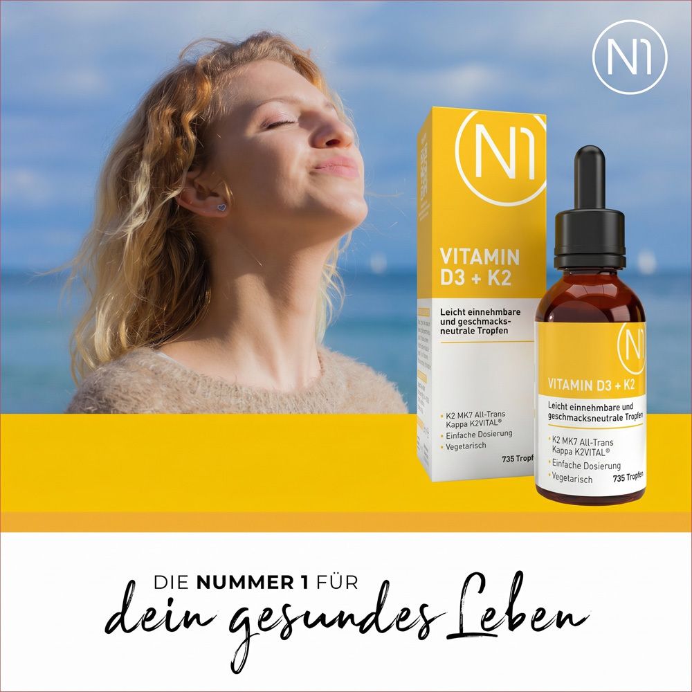 Texte sur fond jaune. Informations sur la vitamine D3 et K2. Motif soleil.