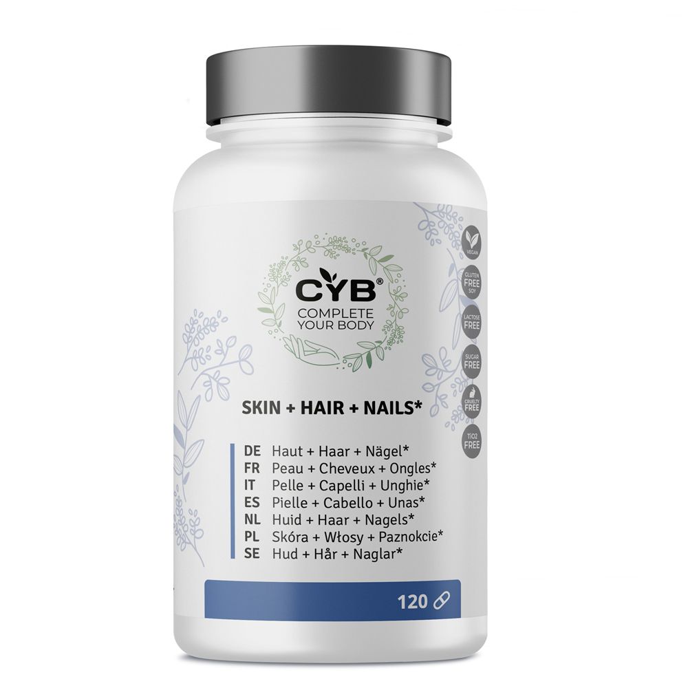 Flacon blanc avec capsules. Inscription : CYB, Skin + Hair + Nails. 120 capsules.