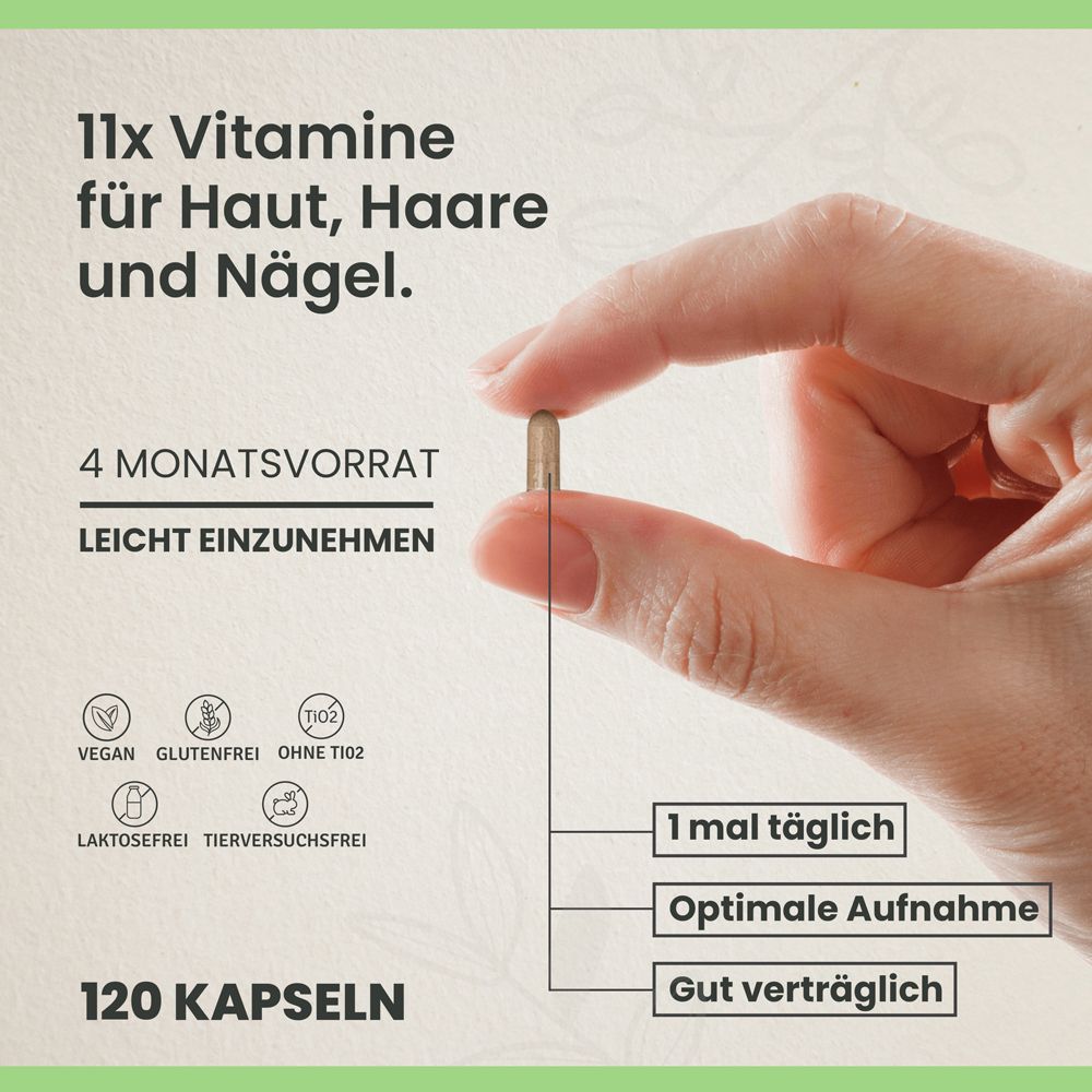 Main tenant une capsule. Texte : 11x vitamines pour peau, cheveux et ongles. 120 capsules.