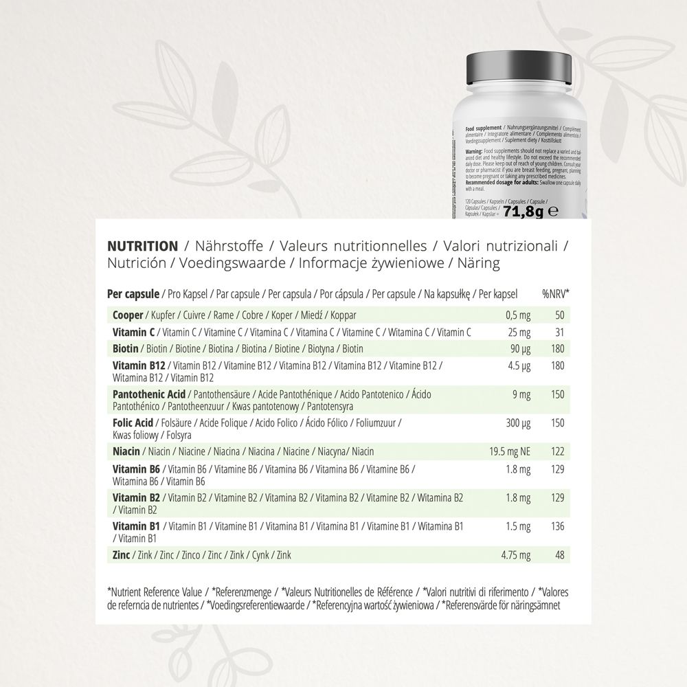 Tableau nutritionnel avec vitamines et minéraux. Informations par capsule et %VNR.