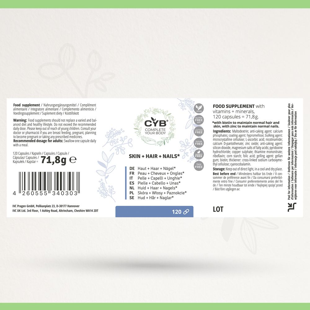 Dos du flacon avec ingrédients et avertissements. 120 capsules, 71,8g.