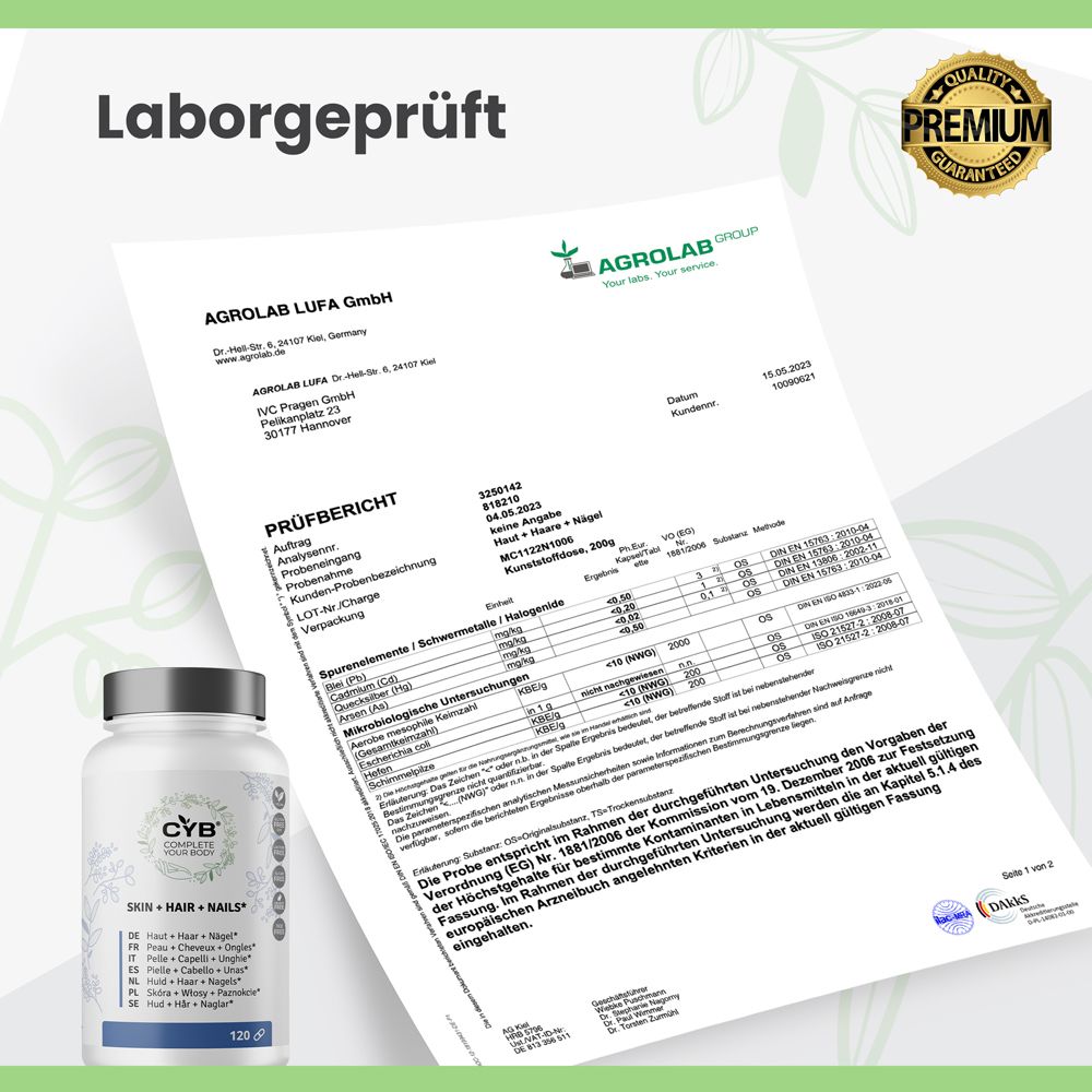 Rapport de test d'Agrolab LUFA GmbH. Label de qualité Premium. Testé en laboratoire.