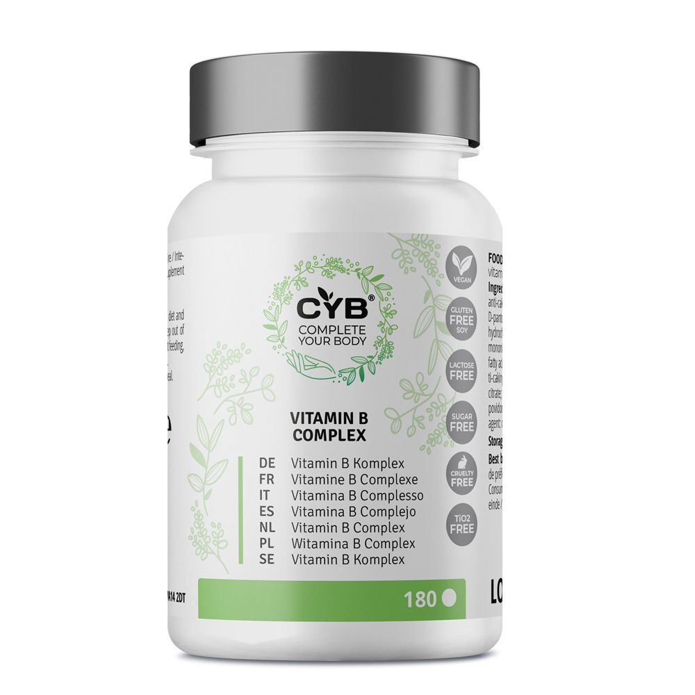 Flacon blanc de comprimés de vitamine B Complexe. Marque CYB. Vegan, sans gluten. 180 comprimés.