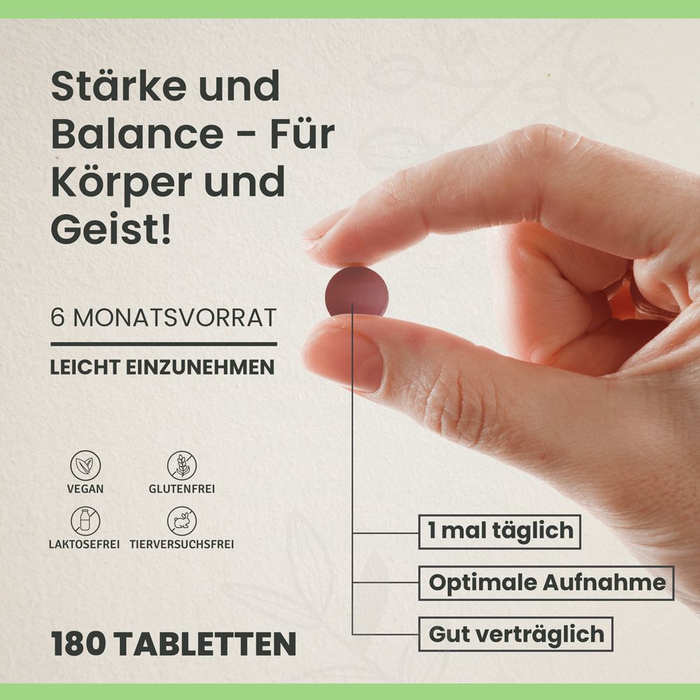 Main tenant un comprimé. Texte: 6 mois d'approvisionnement, facile à prendre. Vegan, sans gluten, sans lactose, sans cruauté. 180 comprimés.