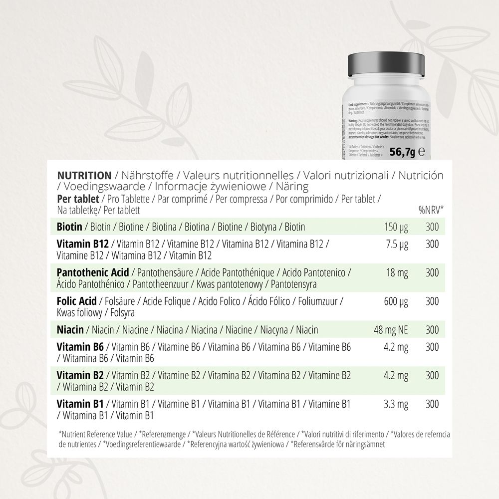 Tableau nutritionnel pour la vitamine B Complexe. Contient de la biotine, B12, acide pantothénique, acide folique, niacine, B6, B2, B1. Par comprimé.