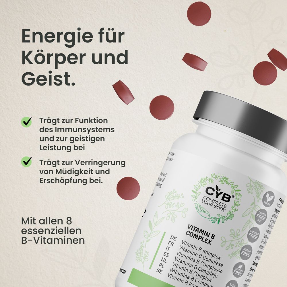 Flacon de comprimés de vitamine B Complexe. Texte: Énergie pour le corps et l'esprit. Avec les 8 vitamines B essentielles.