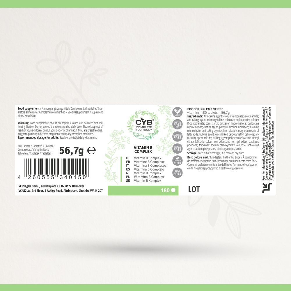 Dos du flacon de comprimés de vitamine B Complexe. Texte: 180 comprimés, 56,7g. Ingrédients, avertissements, posologie recommandée.