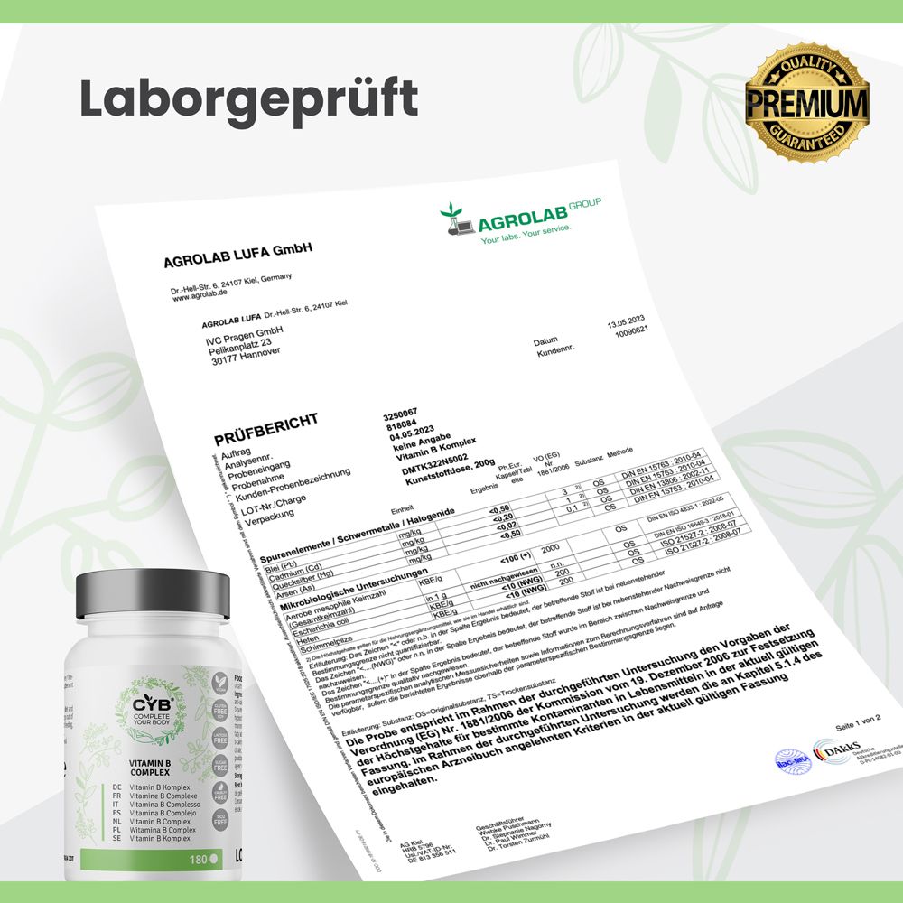 Certificat testé en laboratoire d'AGROLAB LUFA GmbH. Confirme la qualité des comprimés de vitamine B Complexe.