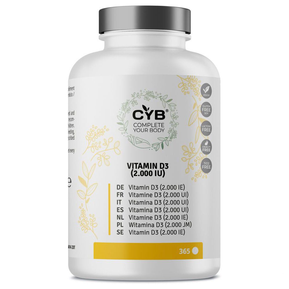 Flacon blanc de CYB Vitamine D3. Contient 365 comprimés. Sans gluten, lactose, végétarien.