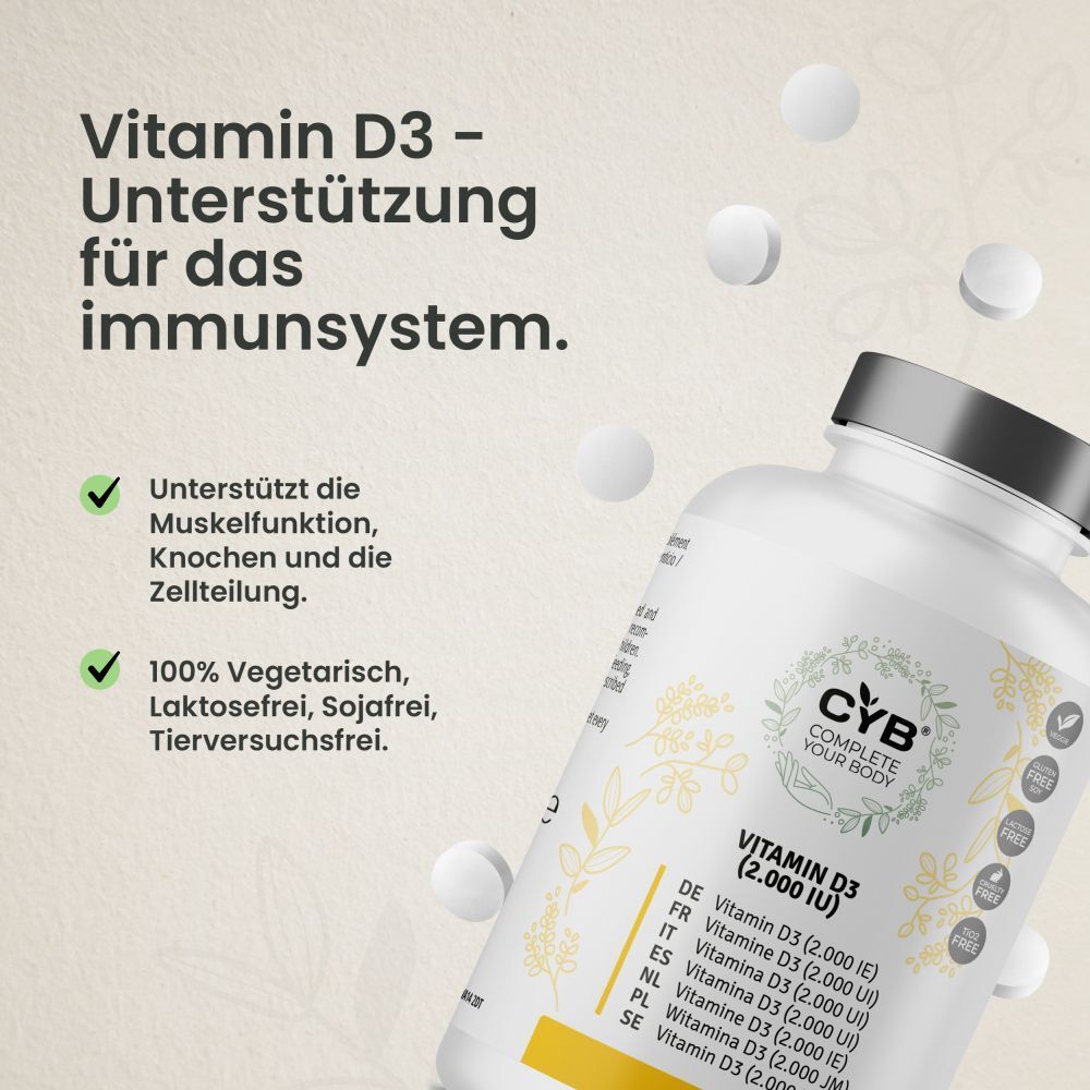 Flacon CYB Vitamine D3 avec comprimés. Soutient le système immunitaire. 100% végétarien, sans lactose, sans soja, sans tests animaux.