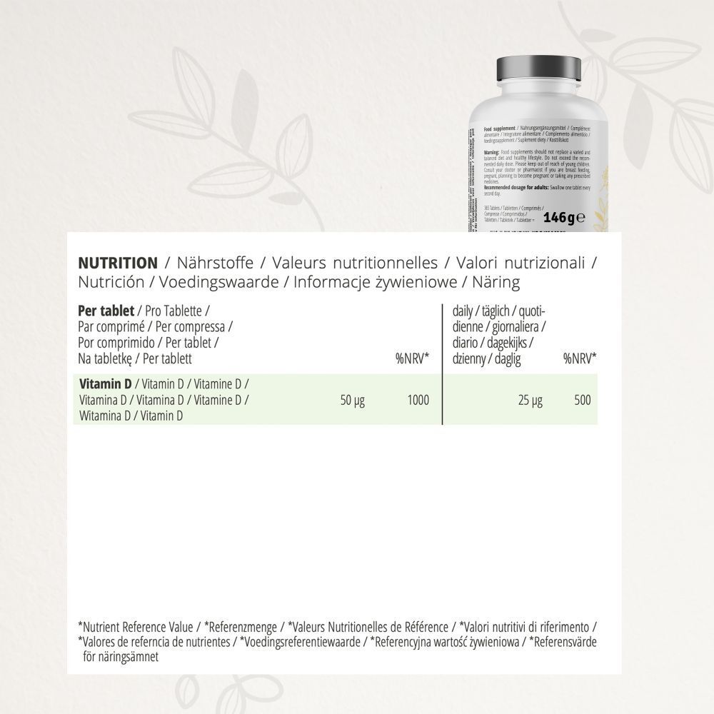 Tableau nutritionnel pour la vitamine D3. Contient des informations sur la vitamine D par comprimé et %VNR.