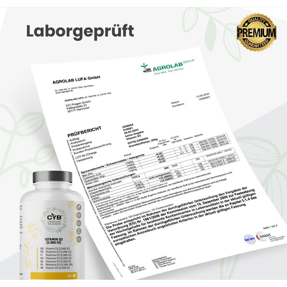 Rapport de laboratoire et flacon CYB Vitamine D3. Certificat de qualité. Contient des informations sur la composition.