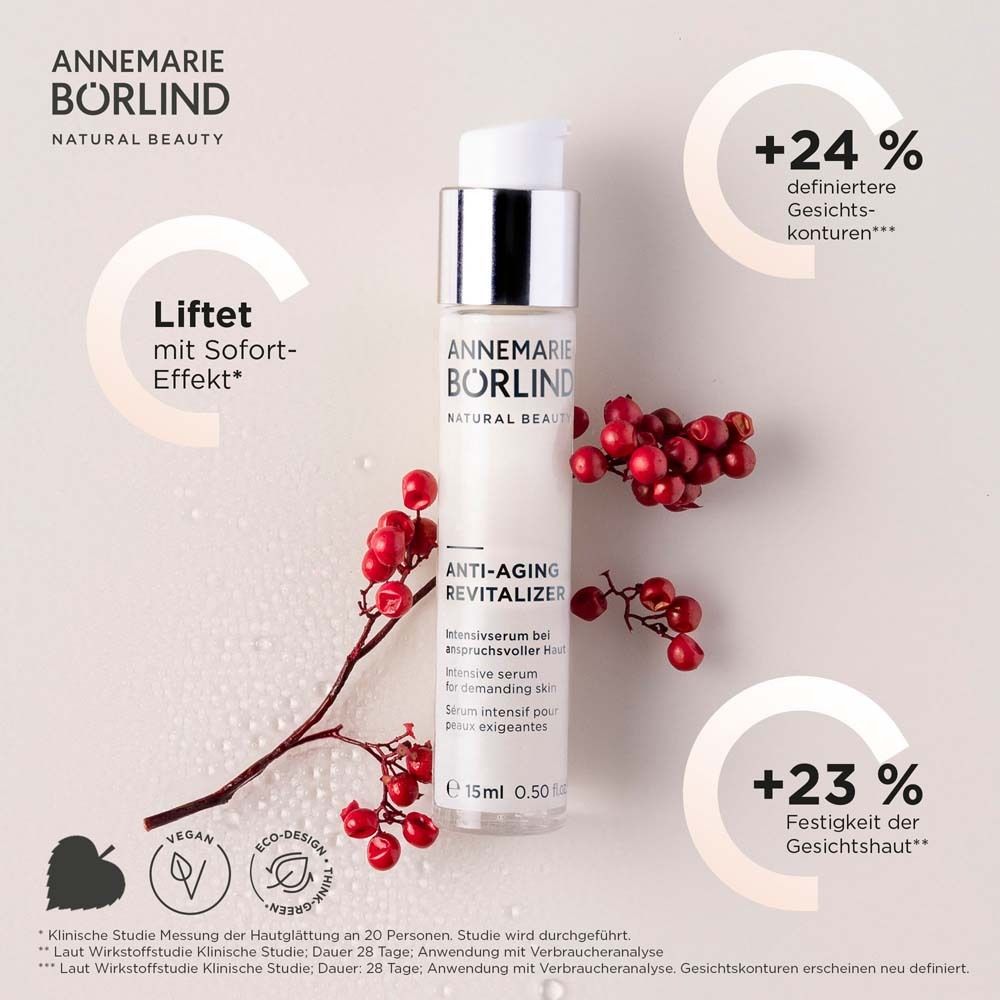 Flacon de sérum avec texte : ANNEMARIE BÖRLIND, ANTI-AGING REVITALIZER. Baies rouges et graphiques.