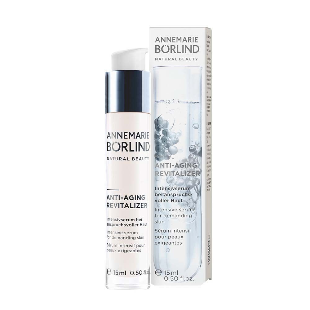 Flacon de sérum et emballage. Texte : ANNEMARIE BÖRLIND, ANTI-AGING REVITALIZER. 15ml.