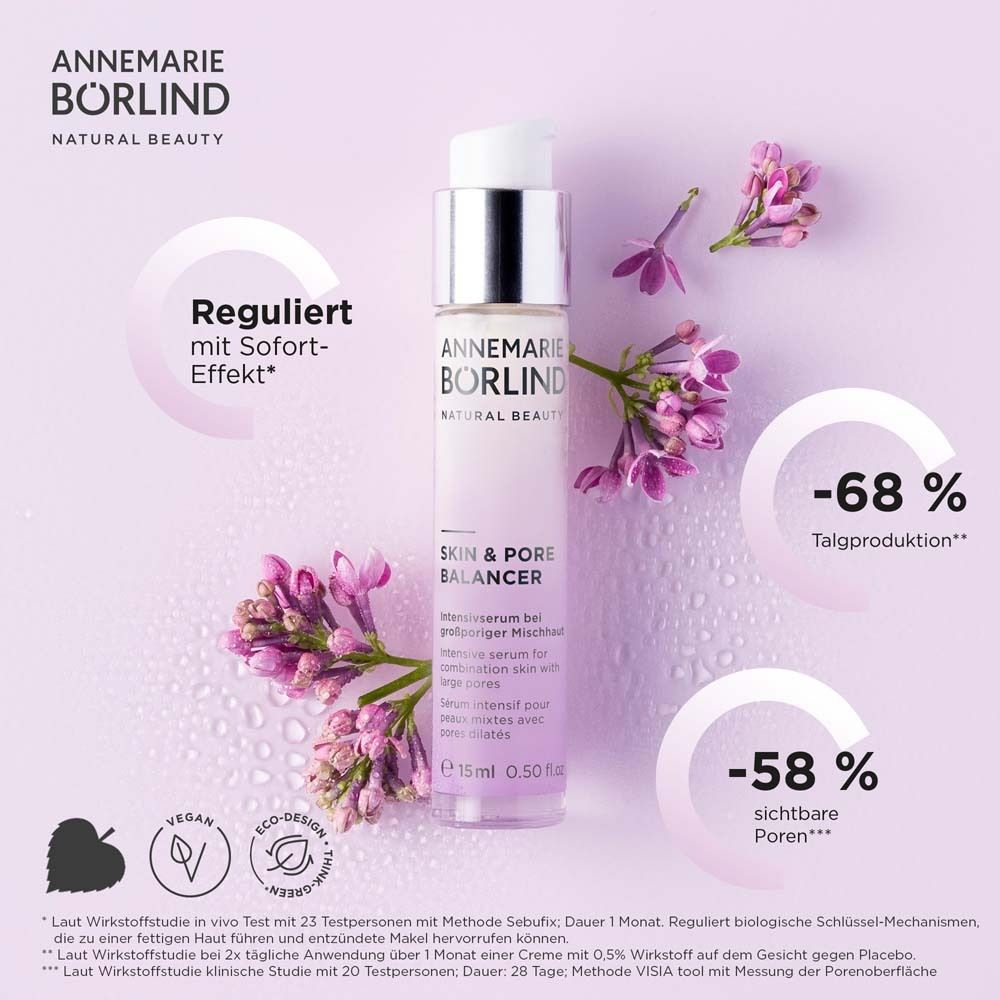 Flacon de sérum avec pompe. Inscription : Skin & Pore Balancer. Marque : Annemarie Börlind. 15ml. Diagrammes avec pourcentages.