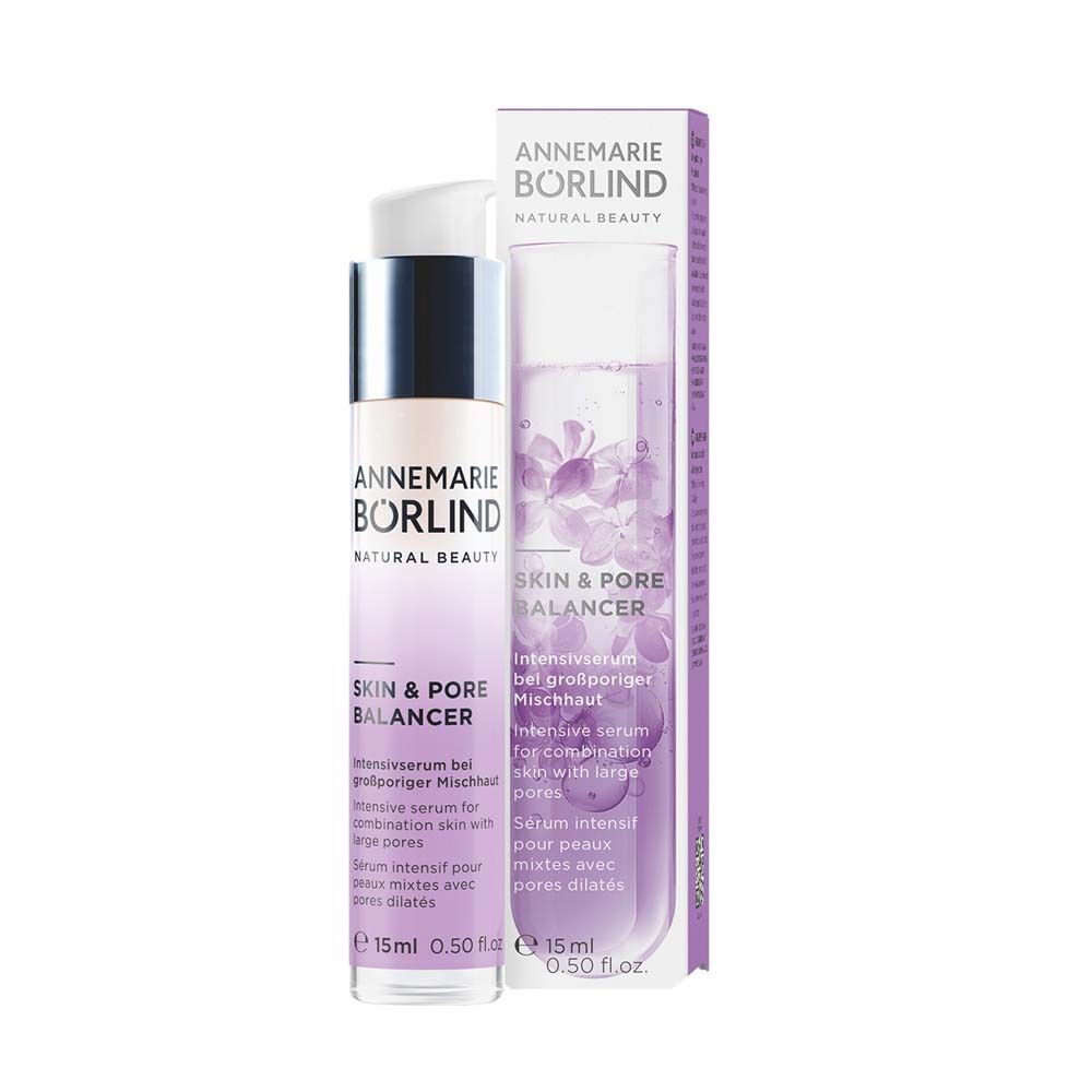 Flacon de sérum avec pompe et emballage. Inscription : Skin & Pore Balancer. Marque : Annemarie Börlind. 15ml.