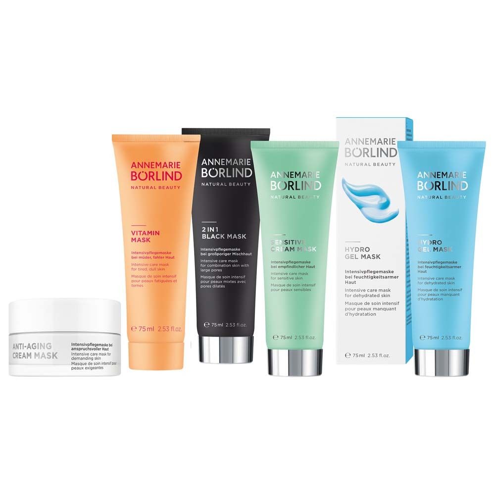Diverses crèmes en tubes et pots. Inscription : ANNEMARIE BÖRLIND. Produits : Vitamin Mask, 2in1 Black Mask, etc.