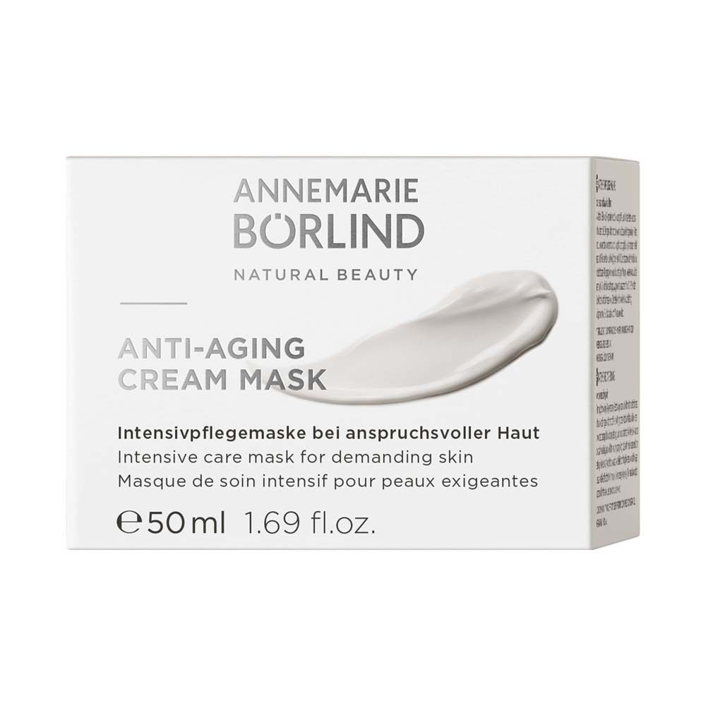 Emballage du masque crème. Inscription : ANTI-AGING CREAM MASK. Texte en allemand, anglais et français. 50 ml.