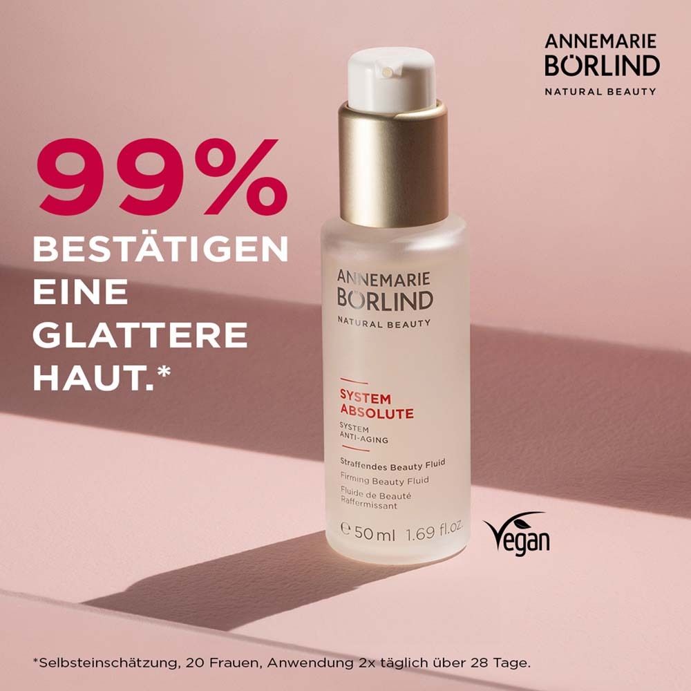 Börlind System Absolute Beauty Fluid. Flacon avec pompe. Label Vegan. Texte: 99% confirment une peau plus lisse.