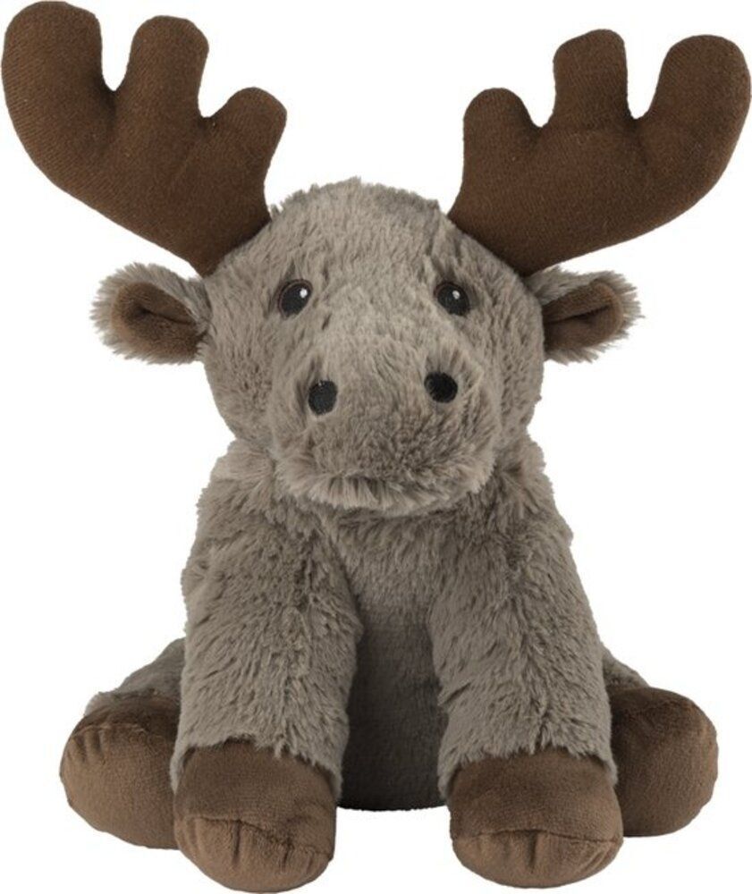 Peluche d'élan gris avec bois et pieds bruns. Assis. Matière douce.