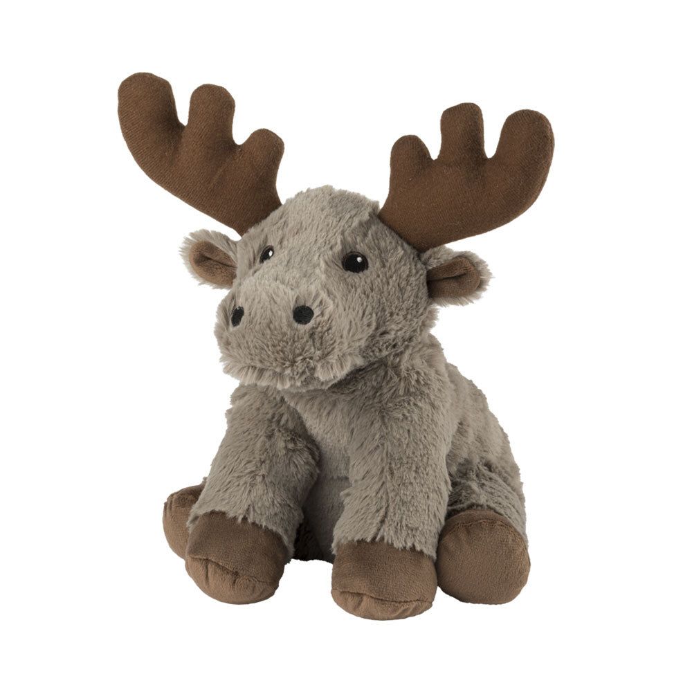 Peluche d'élan gris avec bois et pieds bruns. Assis. Matière douce.