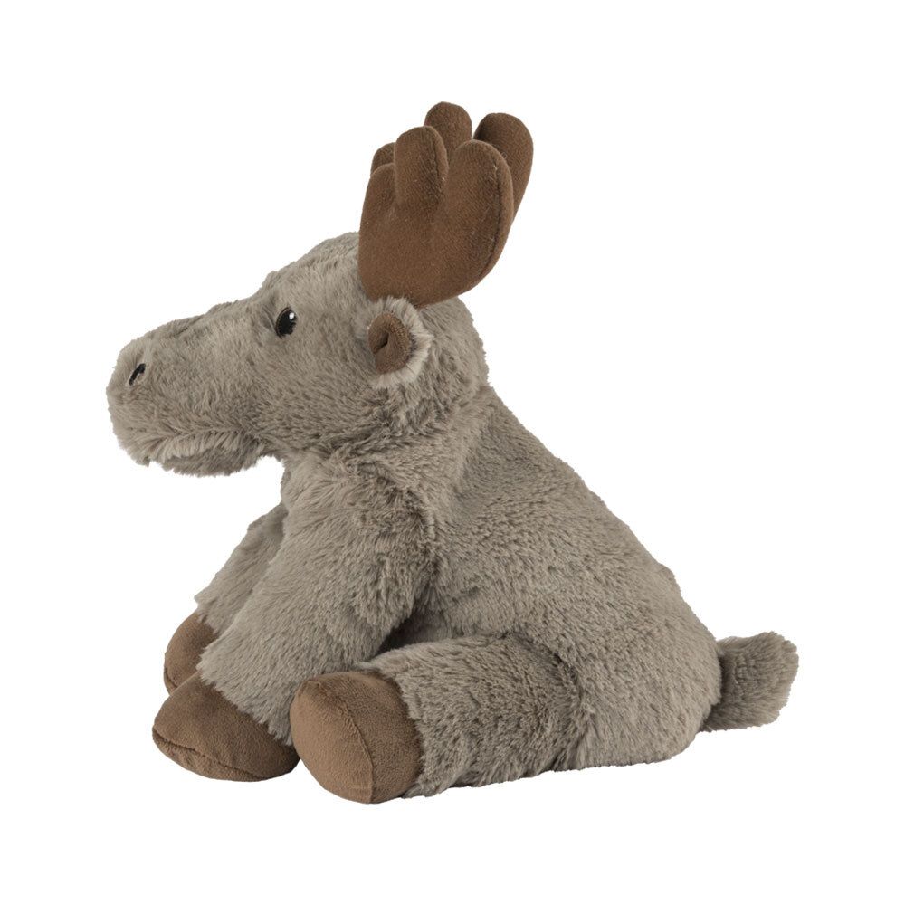 Peluche d'élan gris avec bois bruns. Vue latérale. Matière douce.