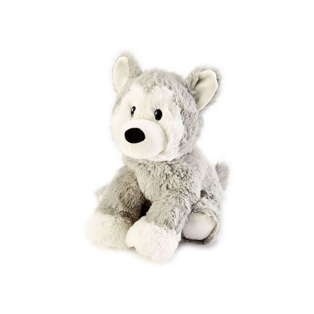 Loup en peluche gris et blanc avec des yeux et un nez noirs.