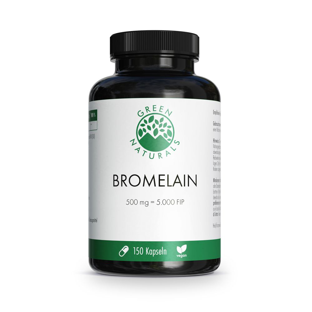 Flacon vert de gélules de bromélaïne. Inscription : GREEN NATURALS, Bromélaïne 500 mg, 150 gélules, végétalien.