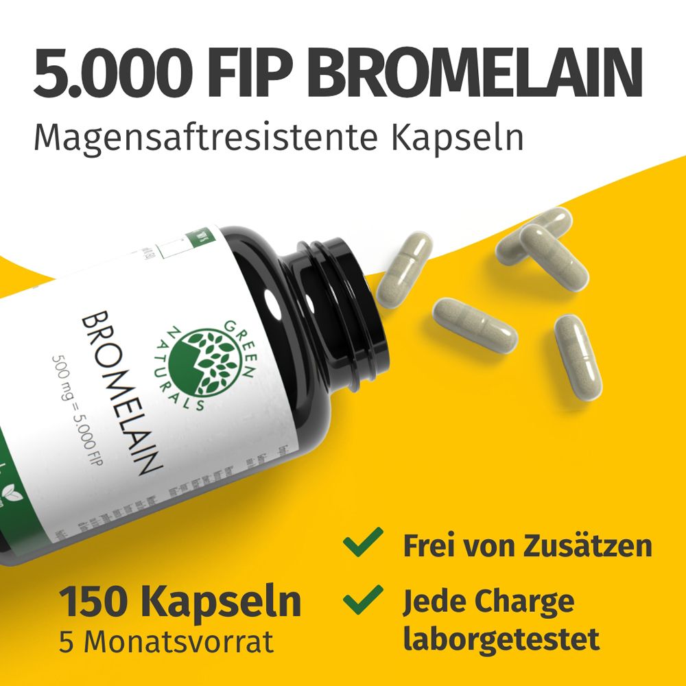 Gélules de bromélaïne et flacon. Texte : 5.000 FIP Bromélaïne, gélules gastro-résistantes, 150 gélules, végétalien.