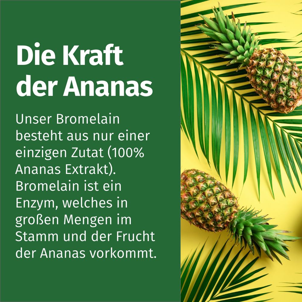 Ananas et feuilles sur fond jaune. Texte : Le pouvoir de l'ananas. Bromélaïne issue d'extrait d'ananas.