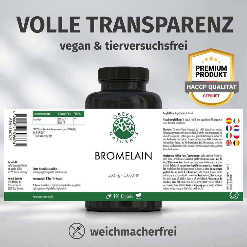 Flacon avec étiquette. Texte : Transparence totale, végétalien et sans expérimentation animale, qualité HACCP.