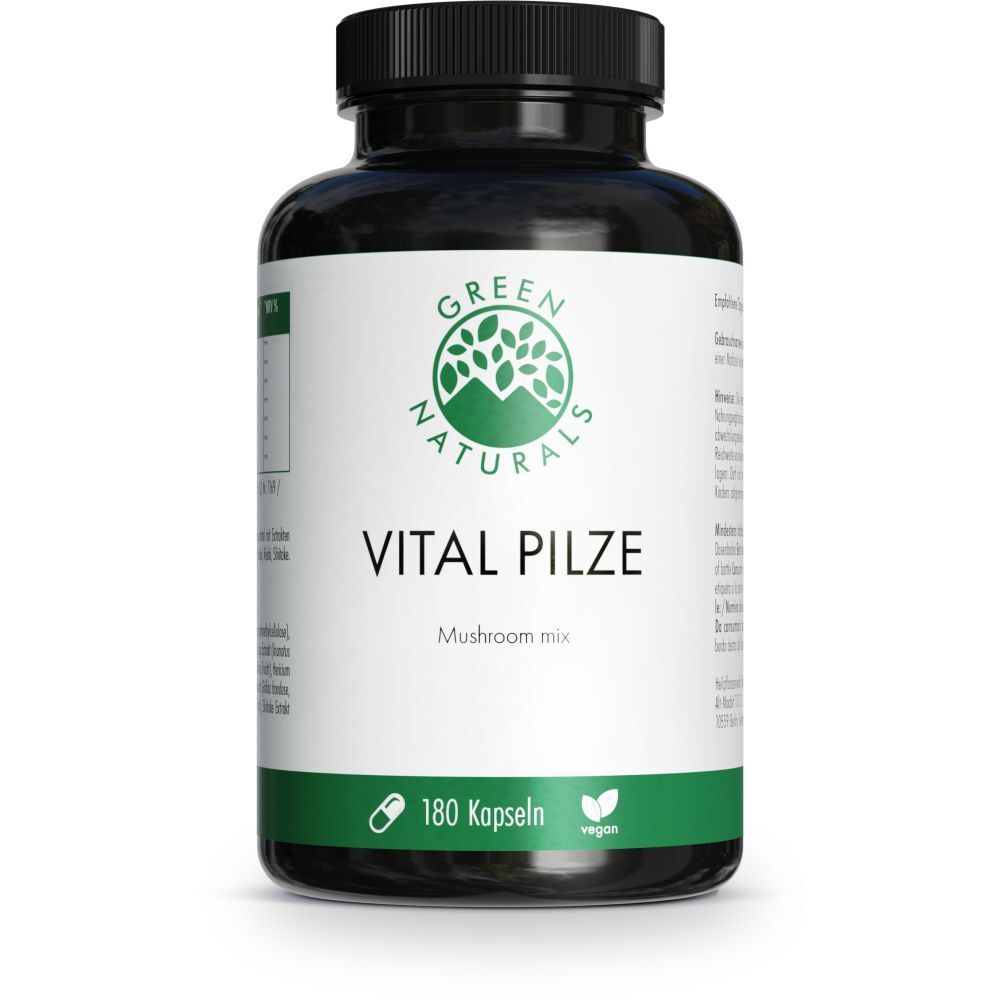 Bouteille noire de 180 gélules vegan Vital Pilze par Green Naturals.