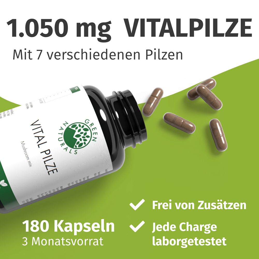 Bouteille Vital Pilze, 180 gélules, 1.050 mg pour 2 gélules, 7 types de champignons, testé en laboratoire.