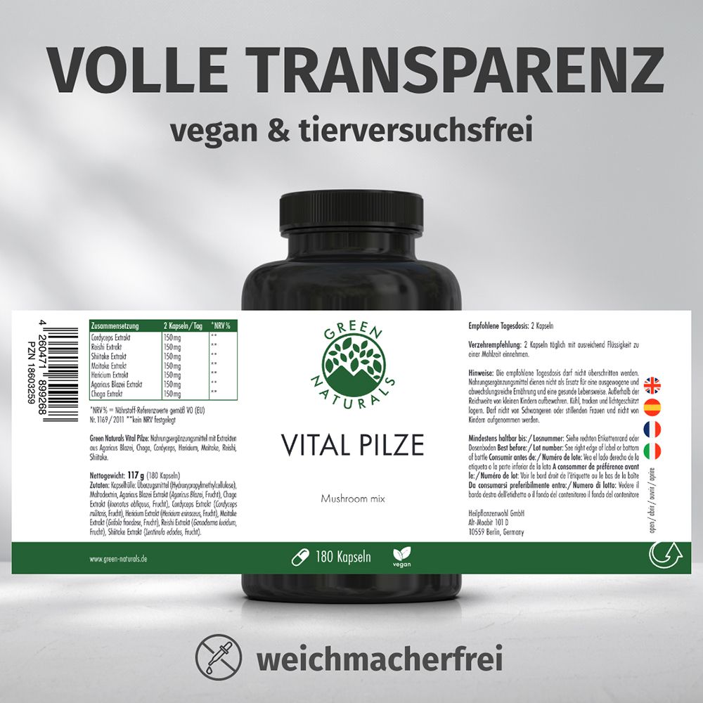 Transparence totale : gélules vegan Vital Pilze, sans cruauté envers les animaux. Étiquette multilingue.