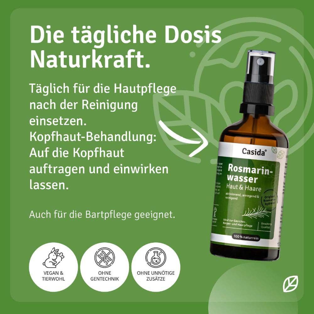 Flacon sur fond vert. Texte: Dose quotidienne de force naturelle. Végétalien, sans OGM, sans additifs.