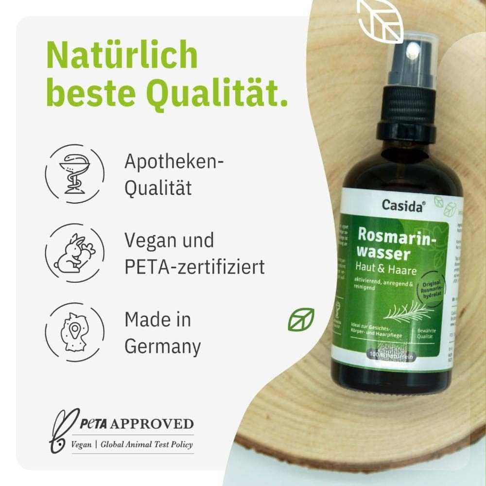 Flacon sur bois. Texte: Naturellement la meilleure qualité. Qualité pharmacie, végétalien, certifié PETA, Fabriqué en Allemagne.