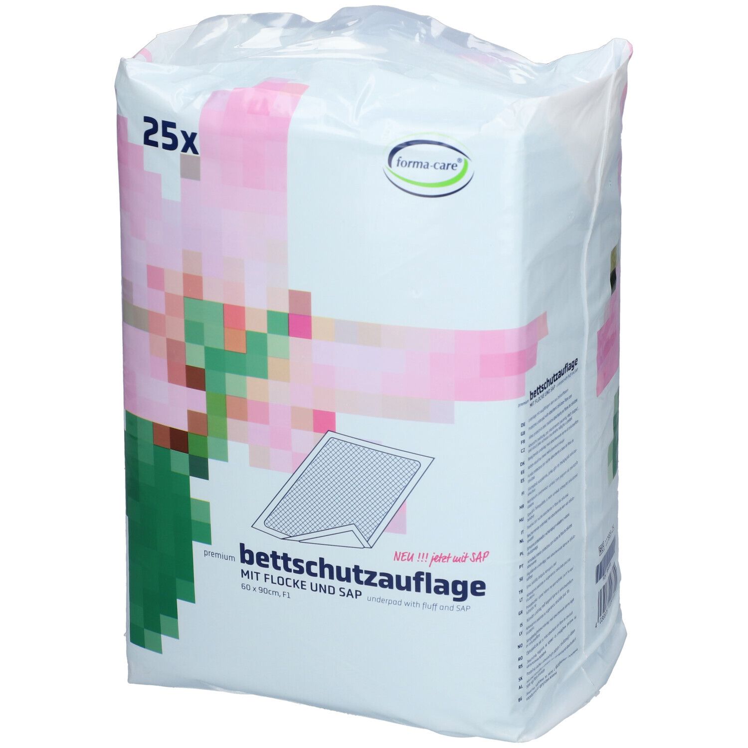 Emballage de protections de lit. Inscription : 25x, logo forma-care, protection de lit, 60 x 90cm. Graphique rose et vert.