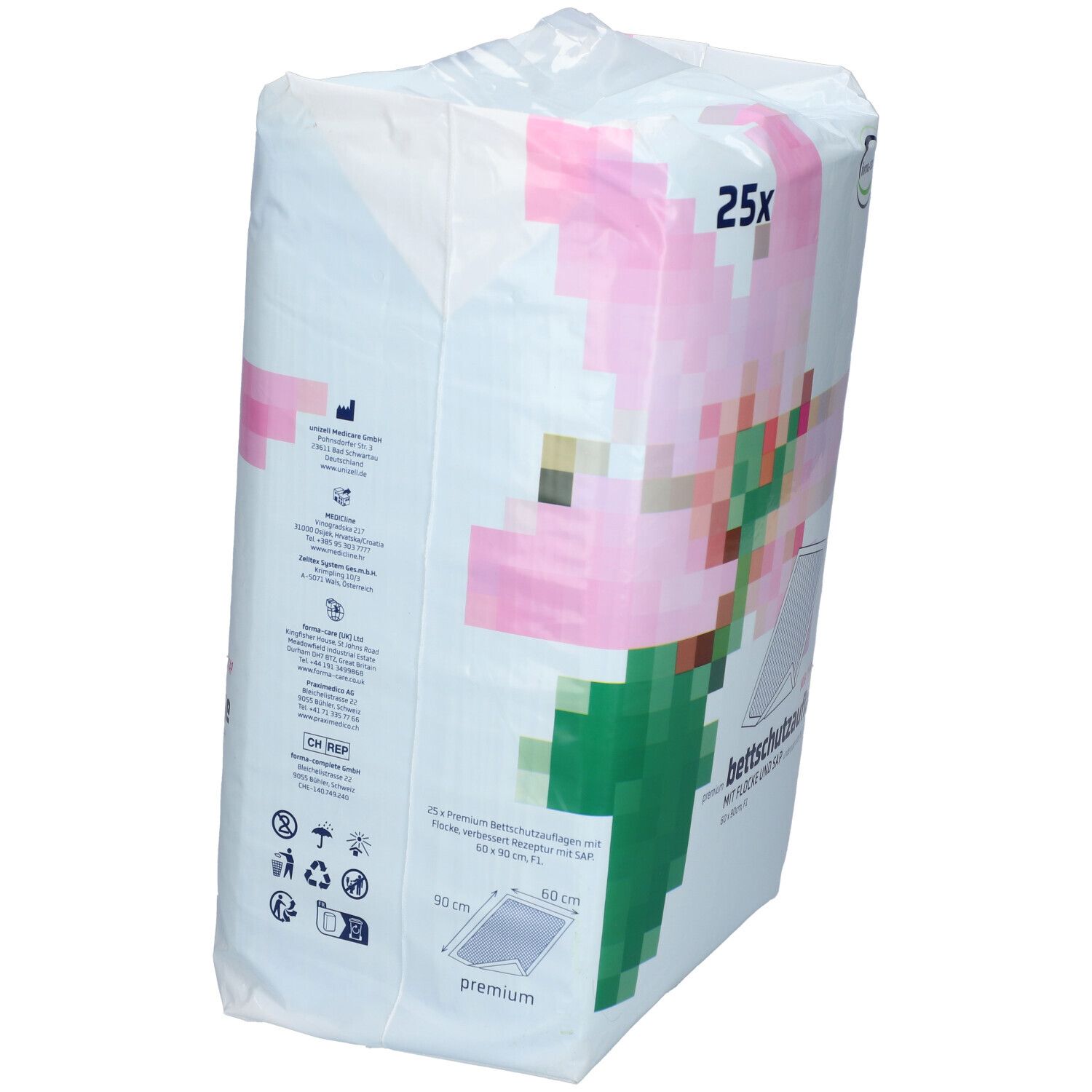 Emballage de protections de lit. Inscription : 25x, logo forma-care, protection de lit, 60 x 90cm. Graphique rose et vert. Pictogrammes.
