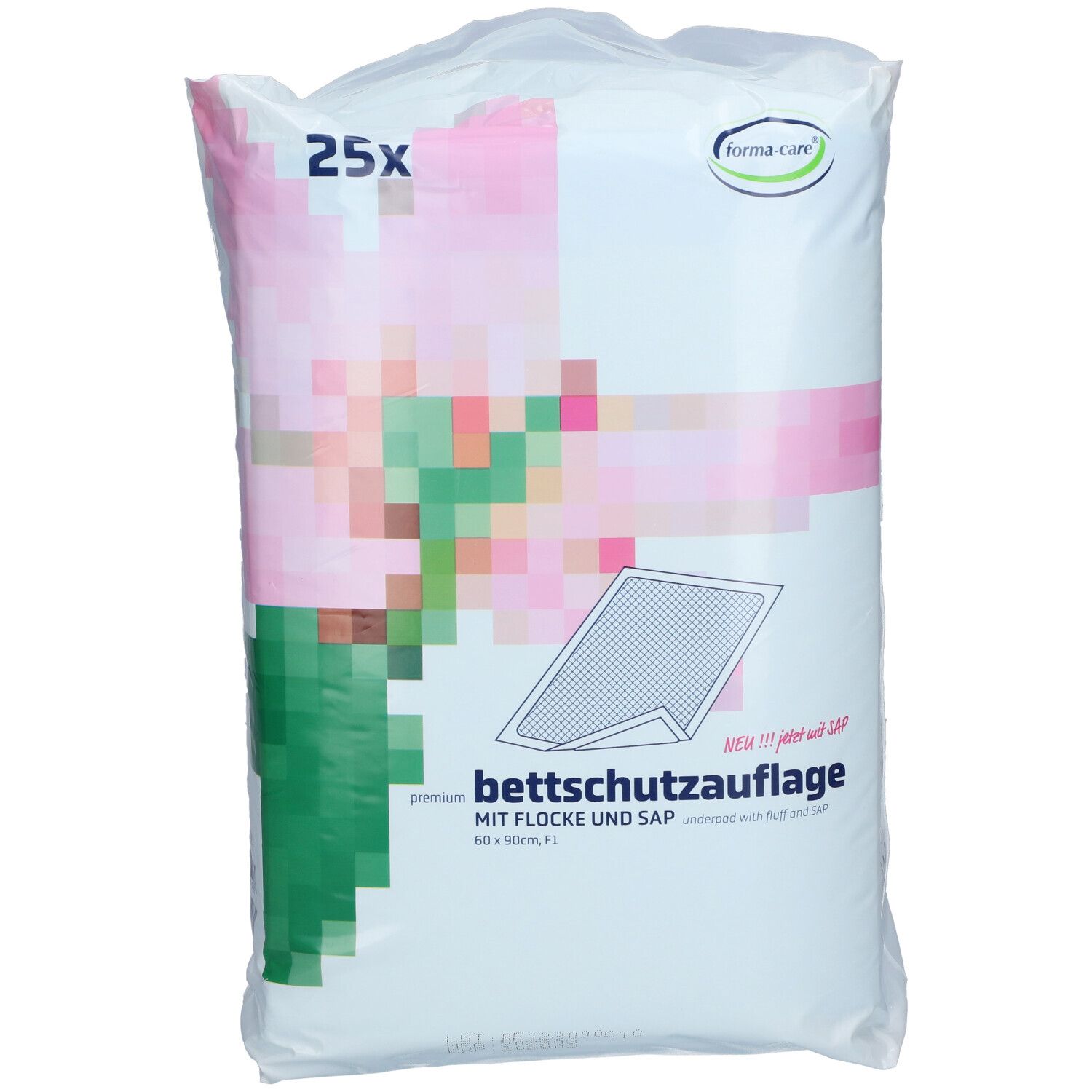 Emballage de protections de lit. Inscription : 25x, logo forma-care, protection de lit, 60 x 90cm. Graphique rose et vert.