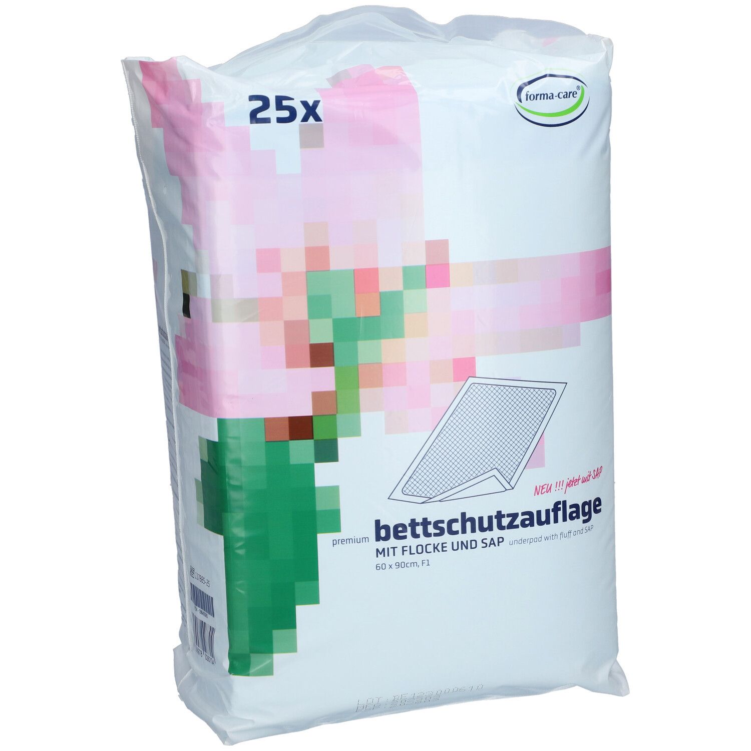 Emballage de protections de lit. Inscription : 25x, logo forma-care, protection de lit, 60 x 90cm. Graphique rose et vert.