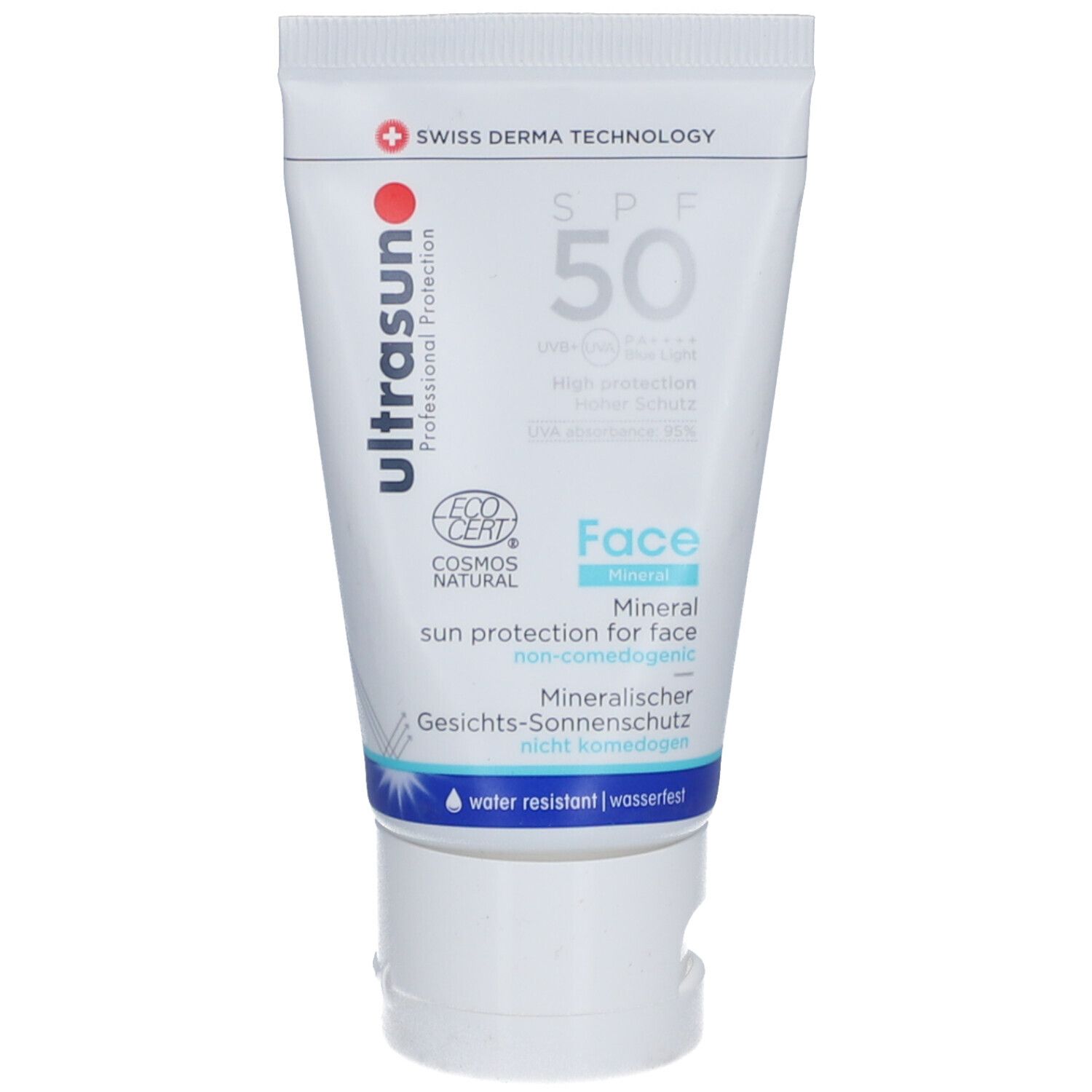 Tube blanc avec texte bleu et rouge. Contient une protection solaire pour le visage, SPF 50. Certifié COSMOS NATURAL.