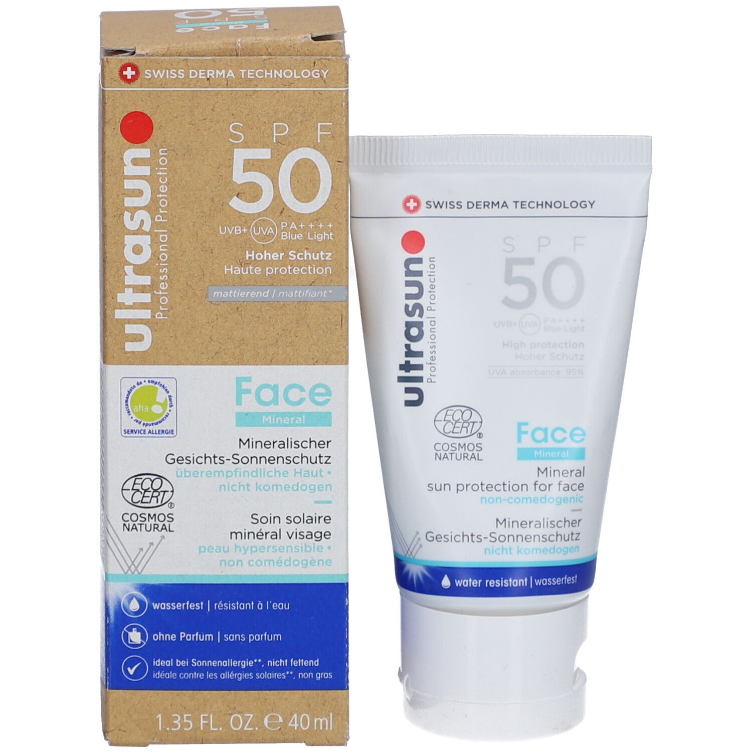 Emballage du produit avec tube et carton. Les deux montrent le produit: protection solaire pour le visage, SPF 50. Certifié COSMOS NATURAL.
