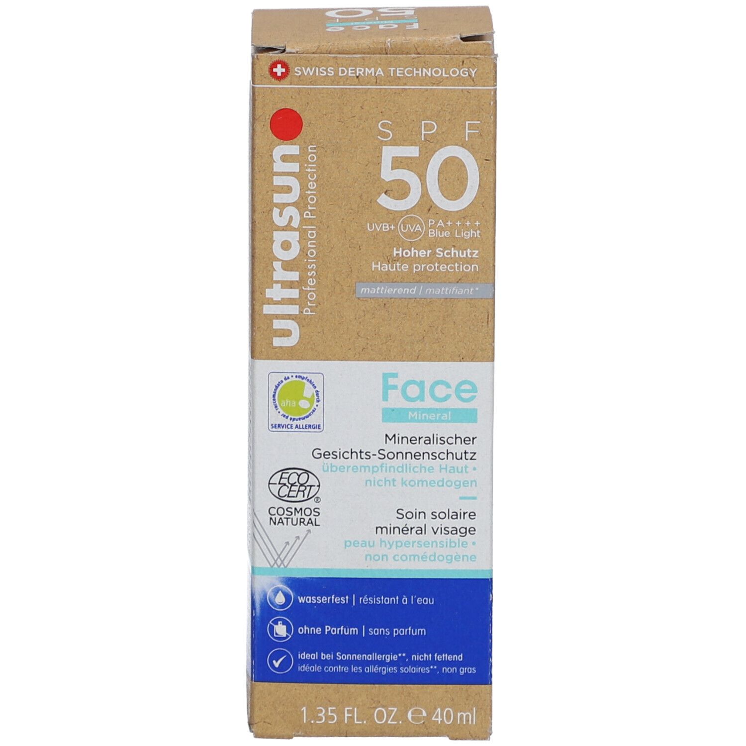 Emballage en carton avec informations sur le produit. Contient une protection solaire pour le visage, SPF 50. Certifié COSMOS NATURAL.