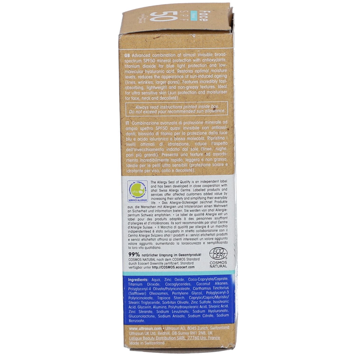 Dos de l'emballage en carton avec texte. Contient des informations sur les ingrédients et les certifications. Certifié COSMOS NATURAL.